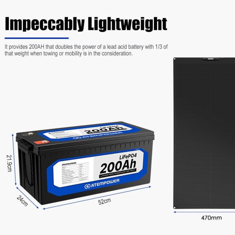 Atem Power-  200AH - 12V Lithium Battery - Inc 110W Shingled Flexible Solar Panel - 12V Lithium Battery Dimensions