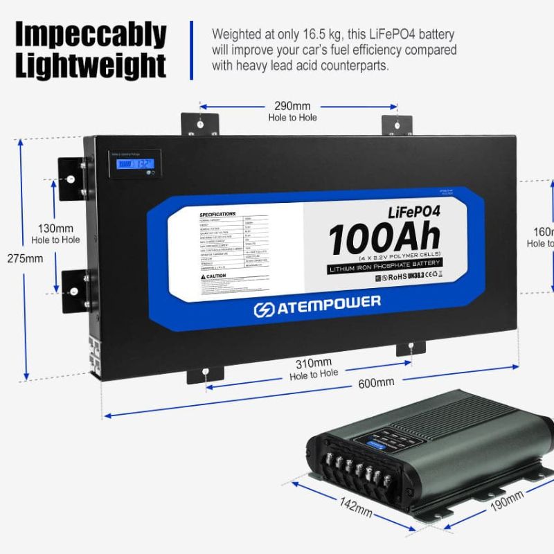 Atem Power - 12V 100AH - Slimline Lithium Battery - Inc 20A 12V DC to DC Battery Charger - Lithium Battery Dimensions