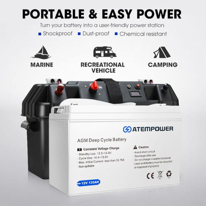 Atem Power - 135AH - 12V AGM Deep Cycle Battery - Inc 12V 20A Battery Charger + Battery Box - 12V AGM Battery Features