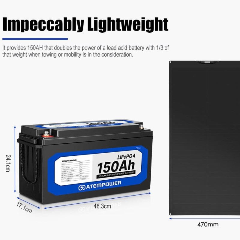 Atem Power - 150AH - 12V Lithium Battery - Inc 110W Shingled Flexible Solar Panel - 12V Lithium Battery Dimensions