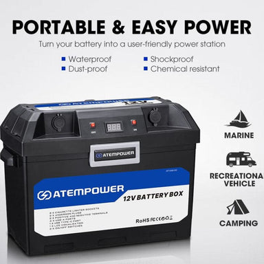 Atem Power - Battery Box Dual Battery System built-in VSR Isolator - Inc 12V 100Ah Lithium Battery - 12V Lithium Battery Features