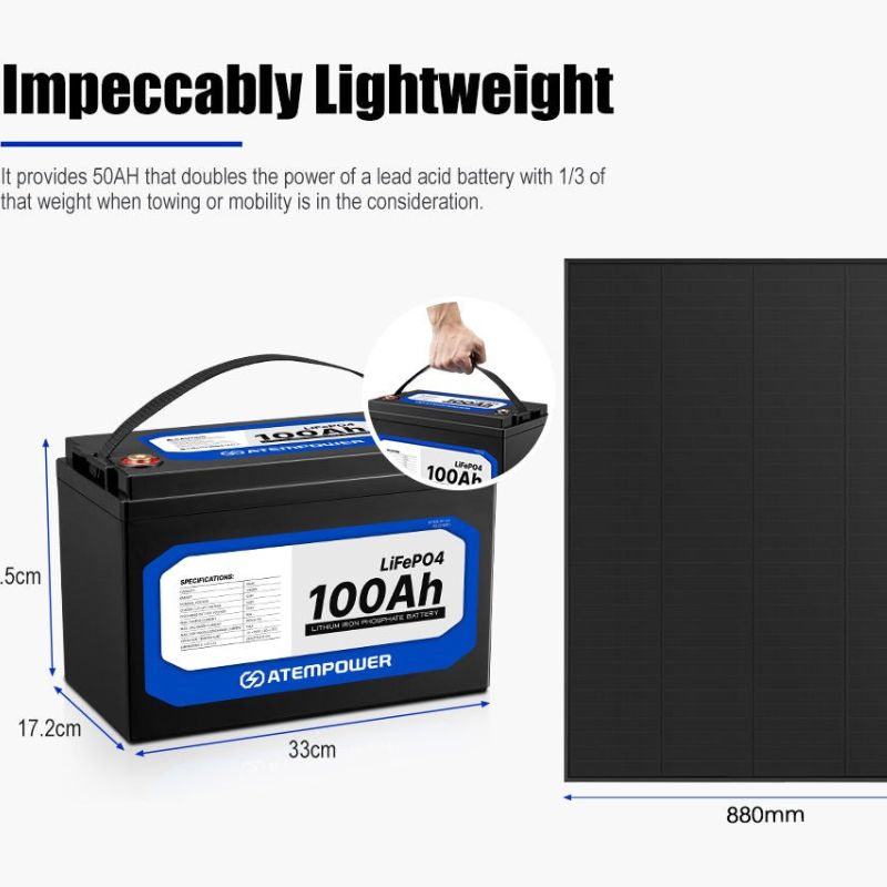 Atem Power - LiFePO4 - 100AH - 12VLithium  Battery - Inc 200W Shingle Solar Panel Kit - 12V Lithium Battery Dimensions