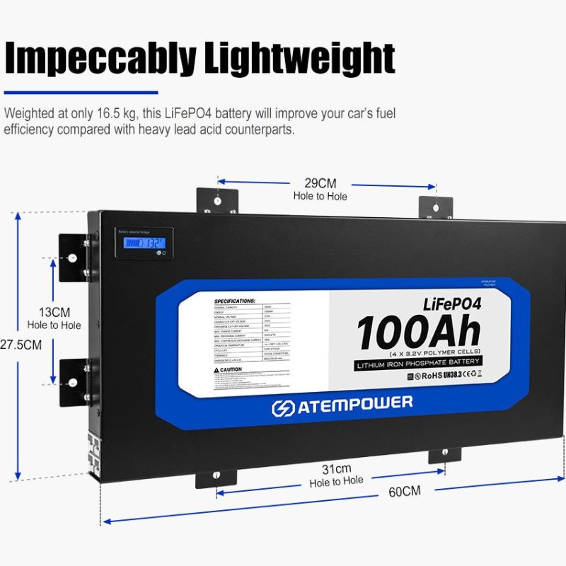 Atem Power - LiFePO4 - 100AH - 12V Slimline Lithium  Deep Cycle Battery - 12V Lithium Battery Dimensions