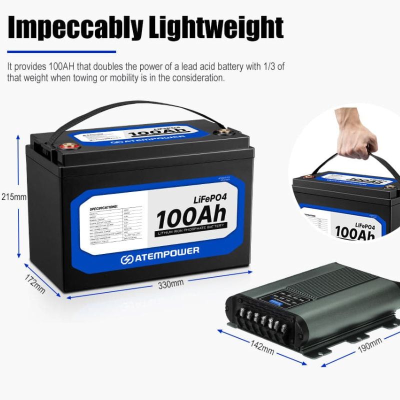 Atem Power - LiFePO4 - 100AH 12V -  Lithium Battery - Inc 20A 12V DC to DC Battery Charger - Lithium Battery Dimensions