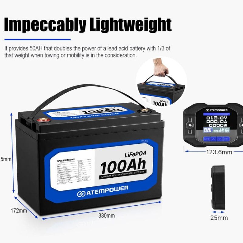 Atem Power - LiFePO4 - 100AH 12V - Lithium Battery - Inc Battery Monitor 100A w/Shunt - Lithium Battery Features