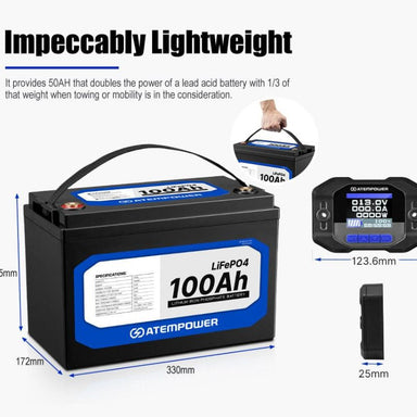 Atem Power - LiFePO4 - 12V 100AH -  Lithium Battery - Inc Battery Monitor 200A w/Shunt - Lithium Battery Features