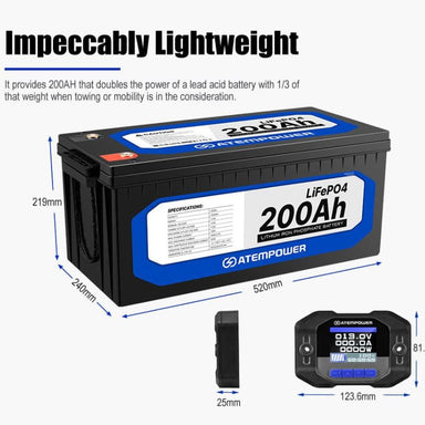 Atem Power - LiFePO4 - 12V 200AH - Lithium Battery - Inc Battery Monitor 200A w/Shunt - Lithium Battery Features