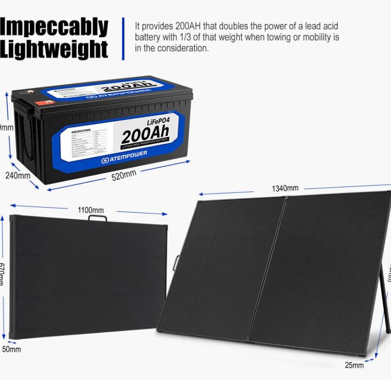 Atem Power - LiFePO4 - 200AH - 12V Lithium Battery  - Inc 300W 12V Folding Solar Panel Kit - 12V Lithium Battery Dimensions