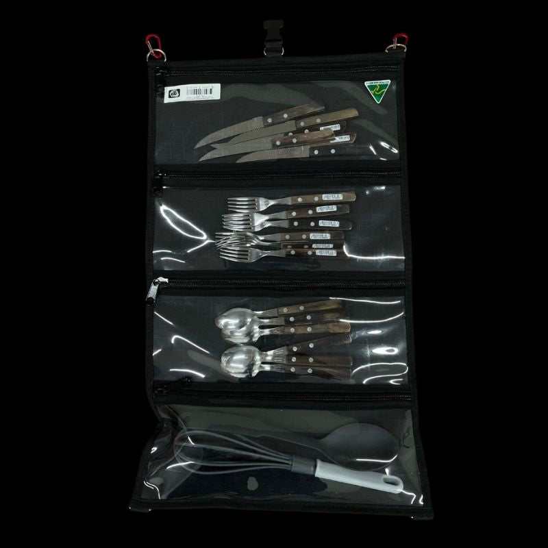 Australian Outback Supplies - Canvas 4 Pocket Cutlery Camp Roll (40cm wide Black Canvas) - Cutlery Camp Roll Front View