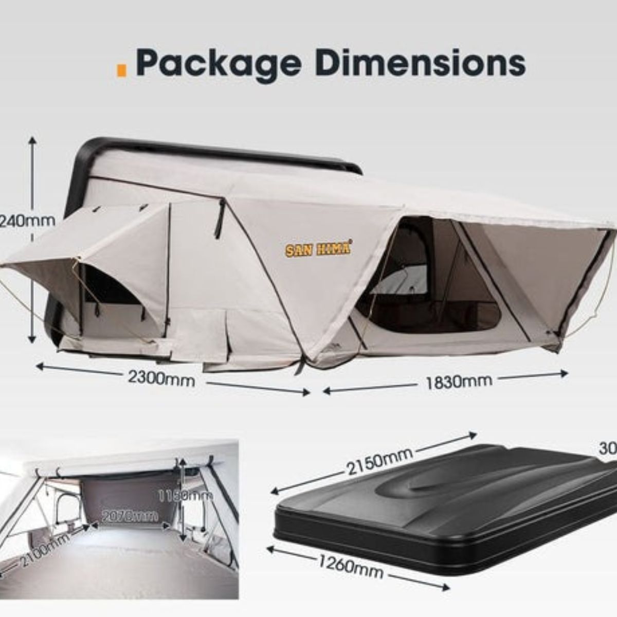 SAN HIMA - Jervis - Roof Top Tent - Hardshell Side Opening (King Size) - Hardshell Side Opening Tent Package Dimensions