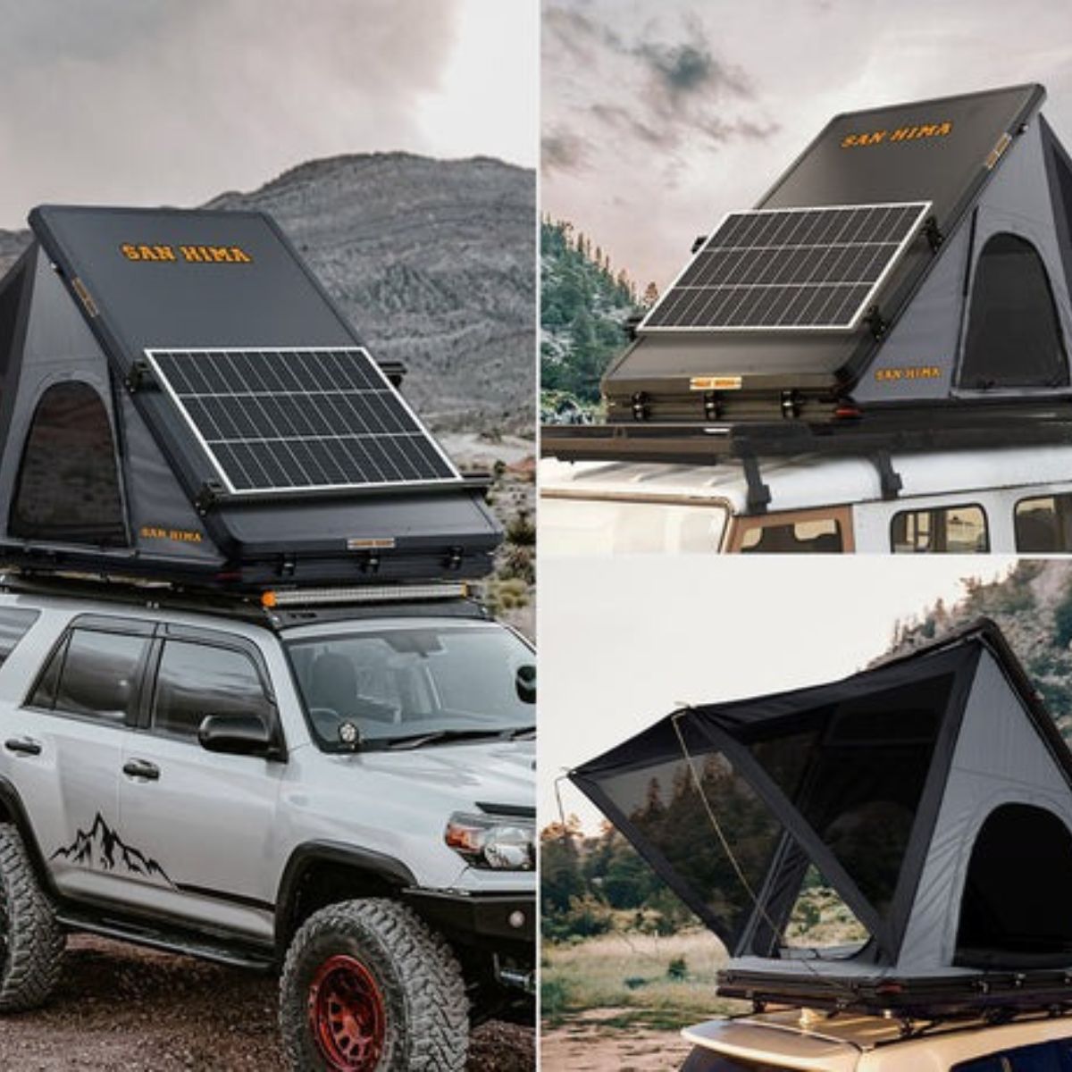 SAN HIMA - Kalbarri - Roof Top Tent - Hardshell - Inc Roof Rack + 130W Solar Panel -  Hardshell-130W-Roof-Top-Tent-360-Degree-View