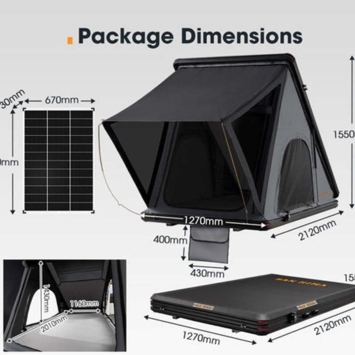 SAN HIMA - Kalbarri - Roof Top Tent - Hardshell - Inc Roof Rack + 130W Solar Panel - Hardshell 130W Roof Top Tent Package Dimensions