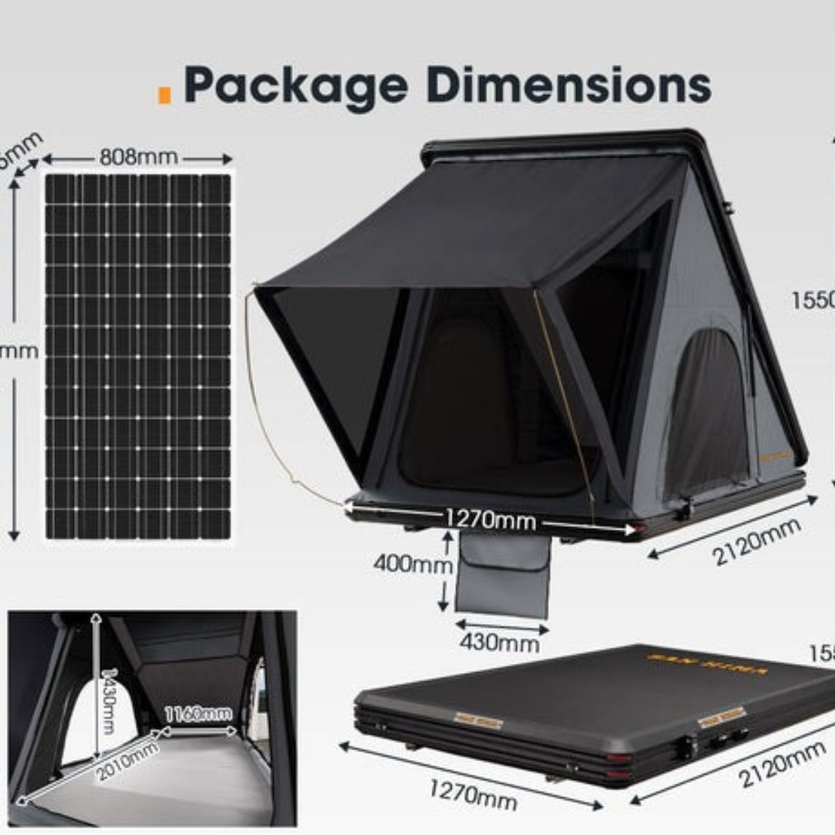 SAN HIMA - Kalbarri - Roof Top Tent - Hardshell - Inc Roof Rack + 250W Solar Panel - Hardshell 250W Roof Top Tent Package Dimensions