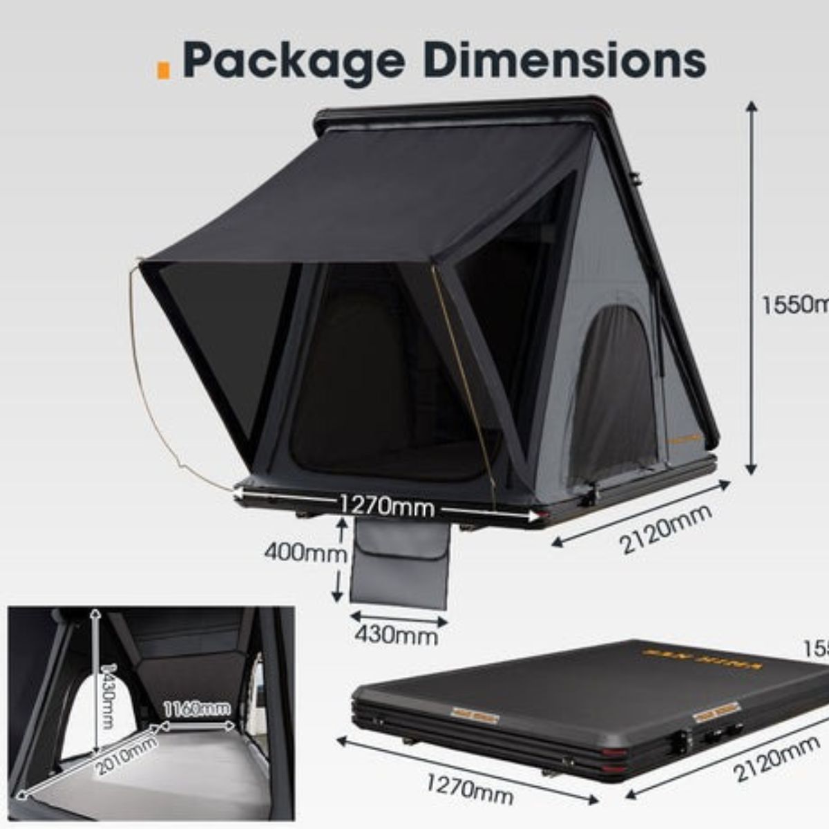 SAN HIMA - Kalbarri - Roof Top Tent - Hardshell With Ladder (Waterproof) - Hardshell Roof Top Tent Package Dimensions