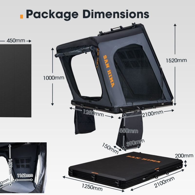 SAN HIMA - Kalbarri Gen 2 - Roof Top Tent - Hardshell With Ladder - Inc 120W Solar Panel -  Roof-Top-Tent-Package-Dimensions