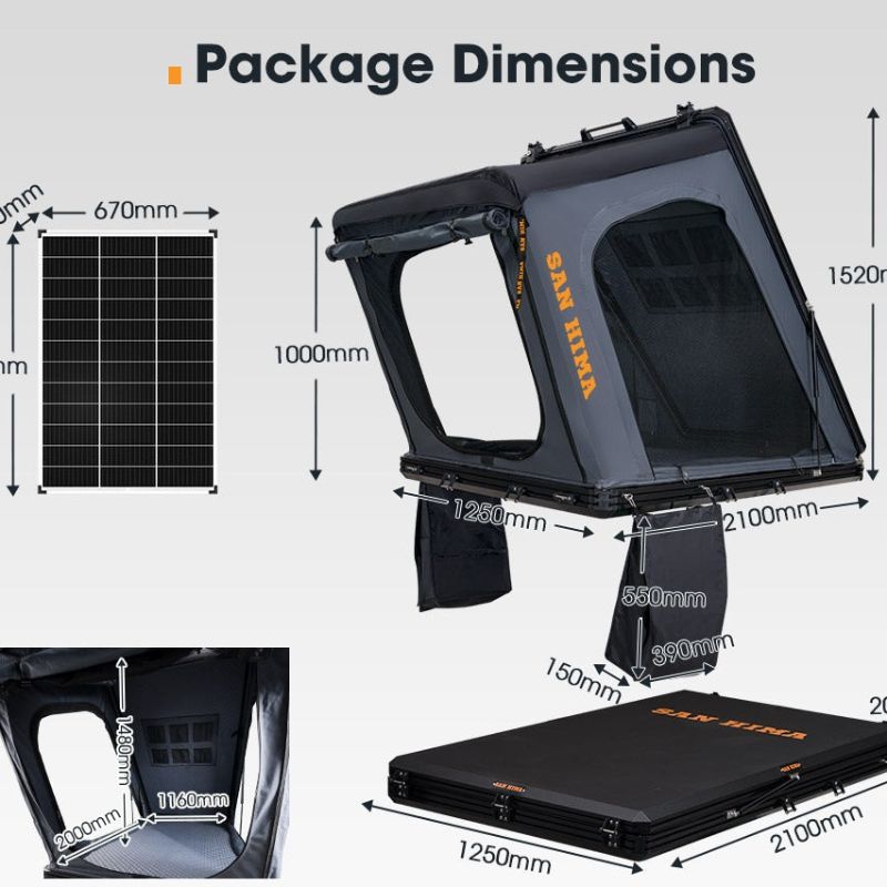 SAN HIMA - Kalbarri Gen 2 - Roof Top Tent - Hardshell With Ladder - Inc 130W Solar Panel -  Roof-Top-Tent-Package-Dimensions_