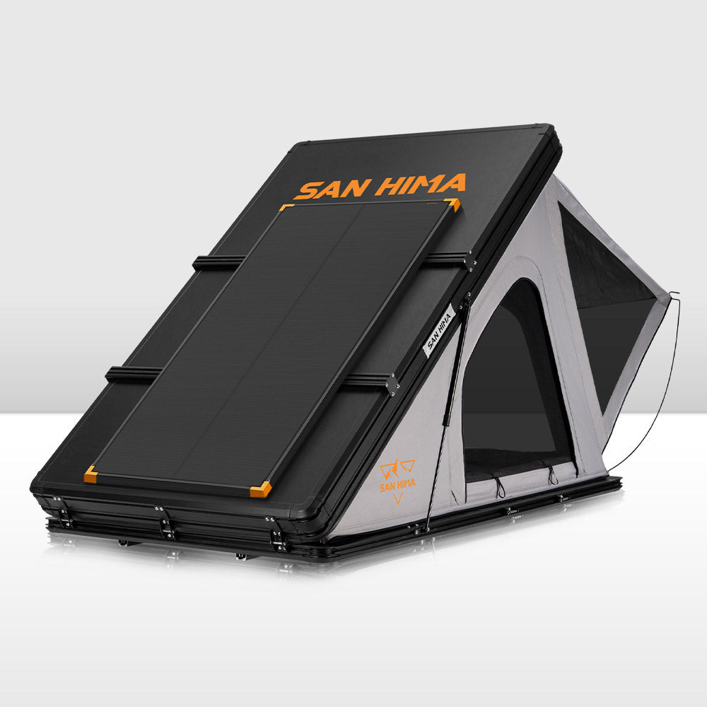 San Hima Kalbarri Roof Top Tent With Roof Rack + 120W Solar Panel - Front View