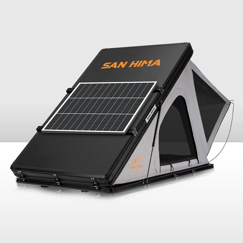 San Hima Kalbarri Roof Top Tent With Roof Rack + 130W Solar Panel - Front View