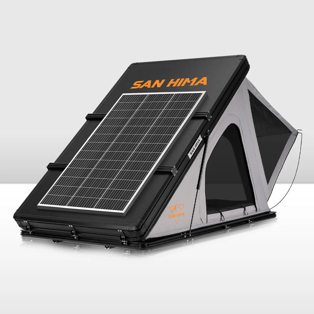 San Hima Kalbarri Roof Top Tent With Roof Rack + 200W Solar Panel - Front View
