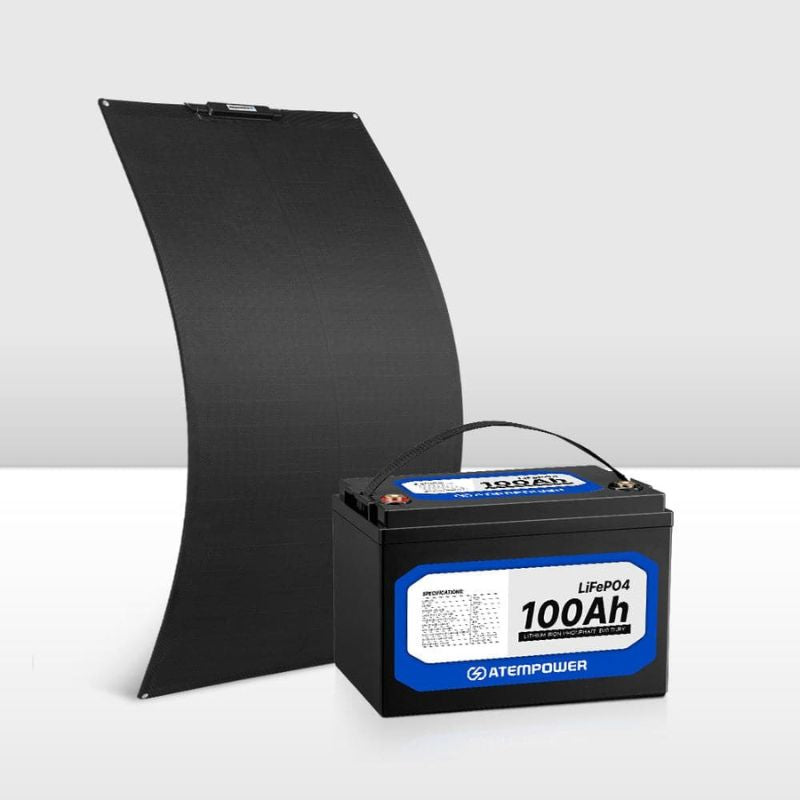 atem power 12V battery + 110W Flexible Solar Panel - front view