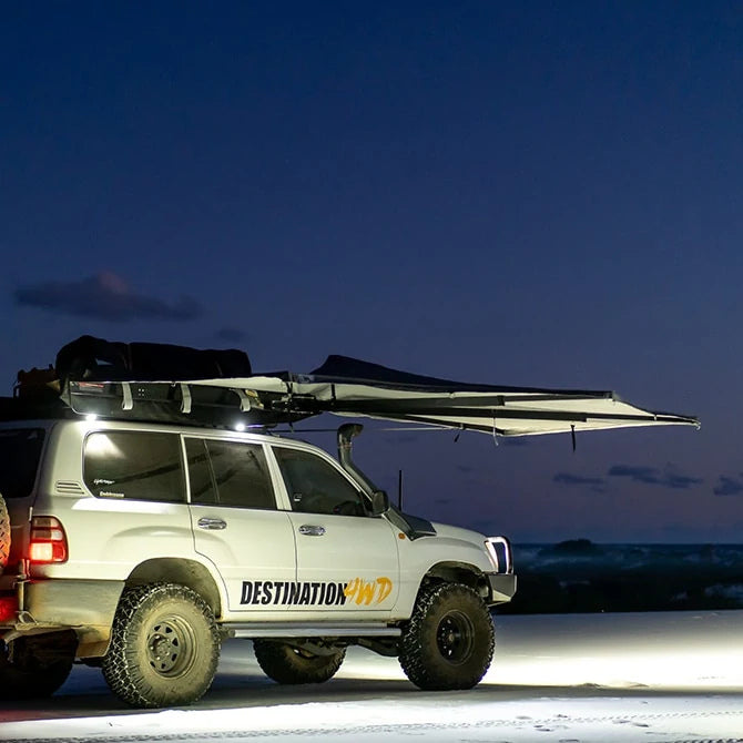 destination 4wd - 180 degree awning - front swing back view