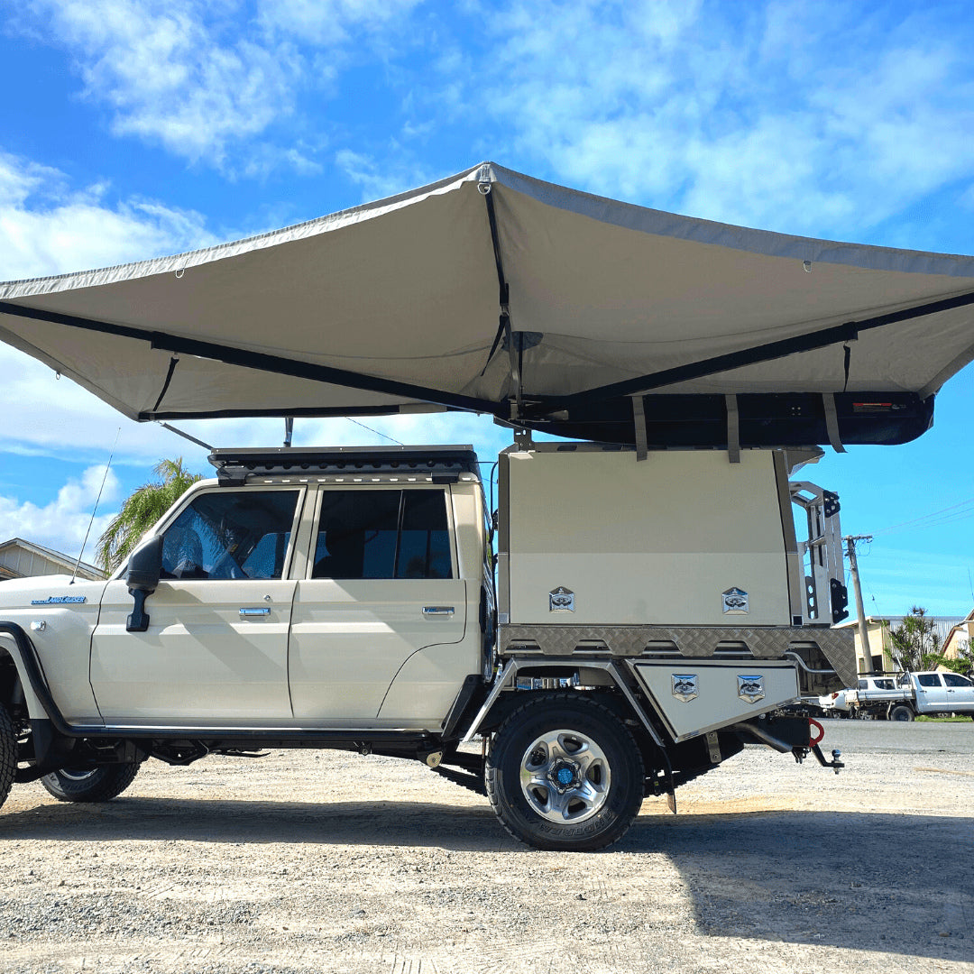 destination 4wd - d180 degree awning - front swing side view